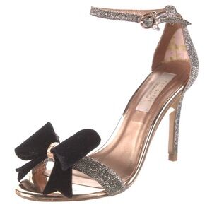 Ted Baker Bowdalo Silver Glitter Heels Black Velvet Bow Ankle Strap EU 37.5 US 7